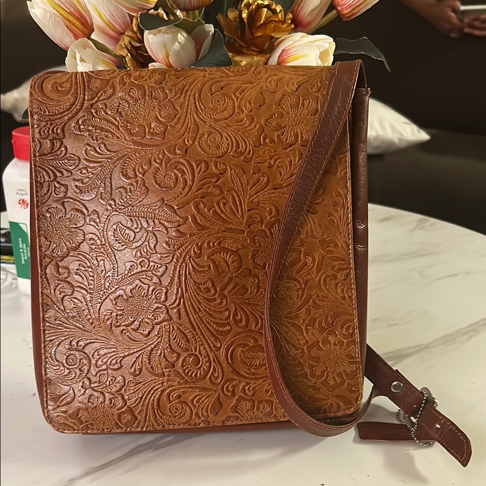 Elegant Brown Embossed Genuine Leather Crossbody Bag